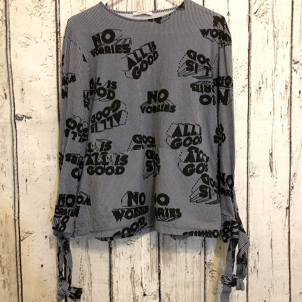 Statement Pop Art Blouse Pinstripe Shirt NO WORRIES ALL GOOD Small Edgy Casual